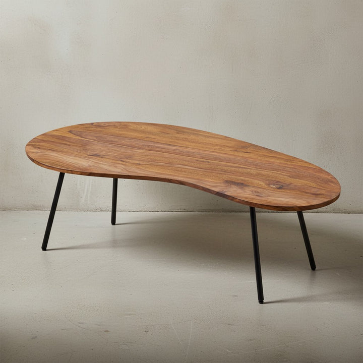 Retro-Couchtisch CALABRIA_ Massivholz_ Metallbeine_ Pflegeleichte Tischplatte_ Nierenform - KADIMA DESIGN_Farbe_ Braun_ Größe_ 122x63x36 cm_