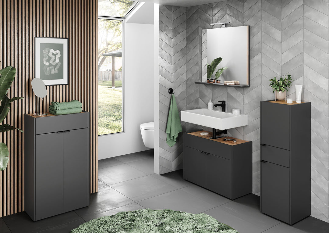 Schrank mit Schublade_ Navarra-Eiche_ Leise Schließtechnik_ Kollektion AVIS von Kadima Design_Farbe_ Grau-Beige_ Größe_ 34x34x111 cm_