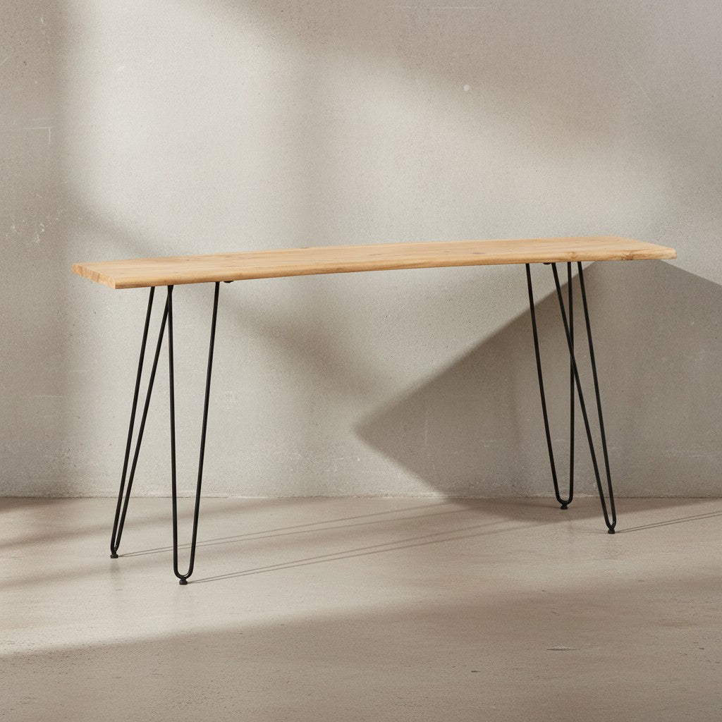 Schreibtisch 150x36x75 cm Akazie Massivholz / Metall Computertisch Baumkante - Homeoffice Bürotisch Massiv mit Haarnadelbeinen in Schwarz - Holztisch Schmal Laptoptisch Arbeitszimmer_