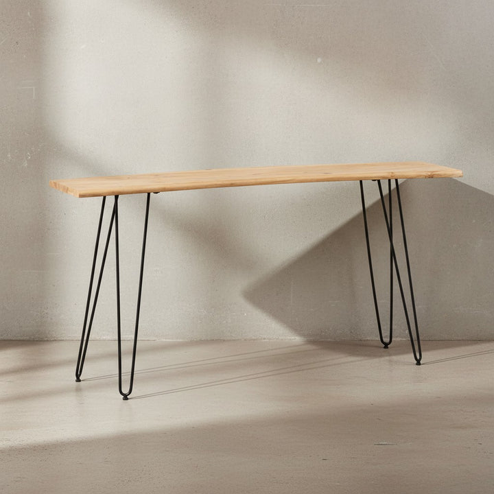 Schreibtisch 150x36x75 cm Akazie Massivholz / Metall Computertisch Baumkante - Homeoffice Bürotisch Massiv mit Haarnadelbeinen in Schwarz - Holztisch Schmal Laptoptisch Arbeitszimmer_