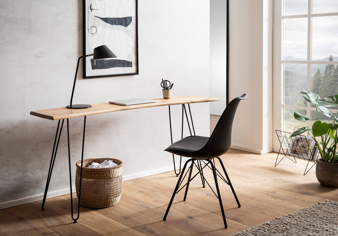 Schreibtisch 150x36x75 cm Akazie Massivholz / Metall Computertisch Baumkante - Homeoffice Bürotisch Massiv mit Haarnadelbeinen in Schwarz - Holztisch Schmal Laptoptisch Arbeitszimmer_