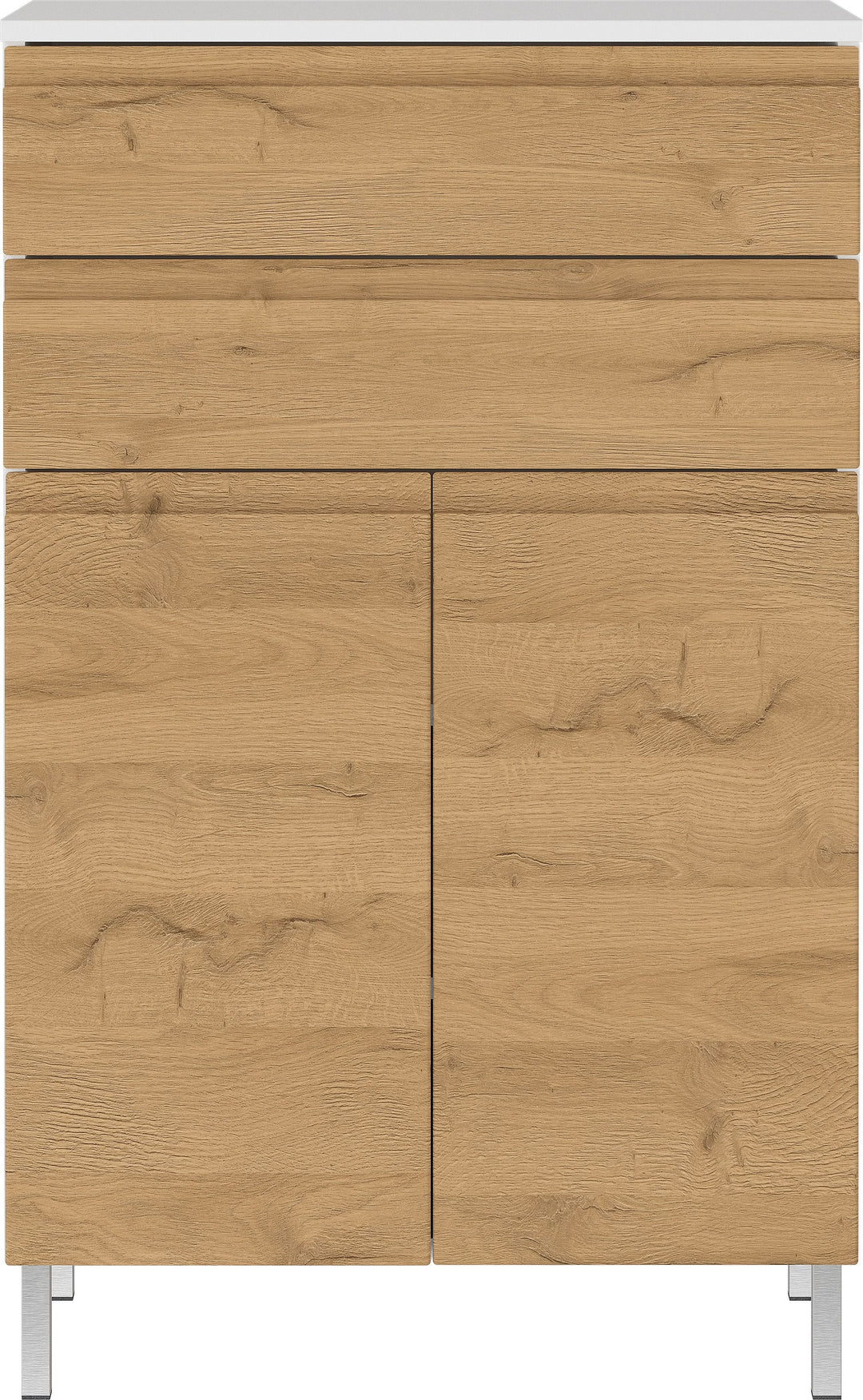 Stauraumkommode_ Badschrank mit Schubladen_ 60x34x97_ in Weiß und Grandson-Eiche_ Chromfüße_ Grifflose_ VEER-Serie von Kadima Design_Größe_ 60x34x97 cm_