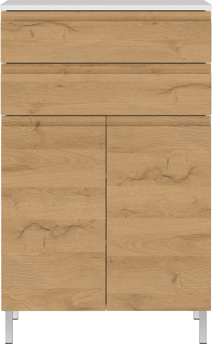 Stauraumkommode_ Badschrank mit Schubladen_ 60x34x97_ in Weiß und Grandson-Eiche_ Chromfüße_ Grifflose_ VEER-Serie von Kadima Design_Größe_ 60x34x97 cm_