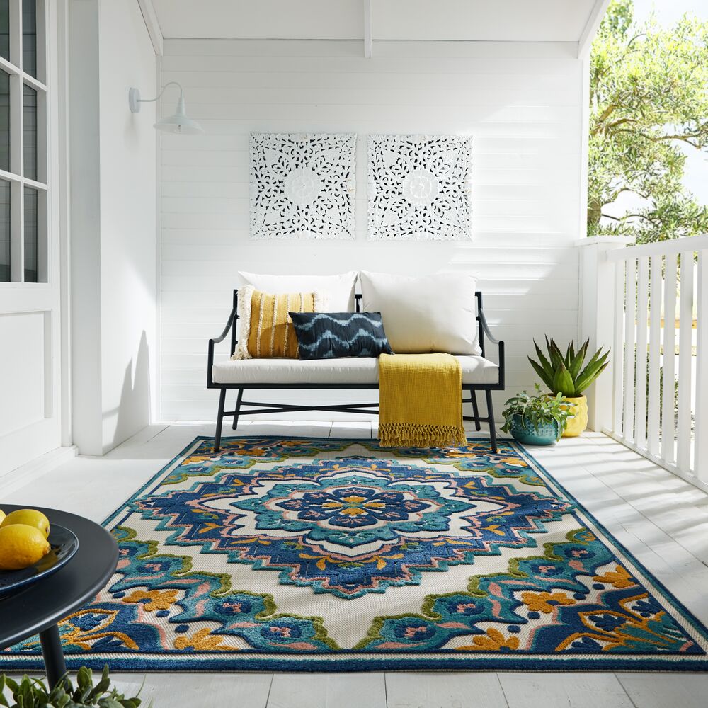 Outdoor-Teppich MARDEN Blau Floral – Superweich & Pflegeleicht – Kadima Design