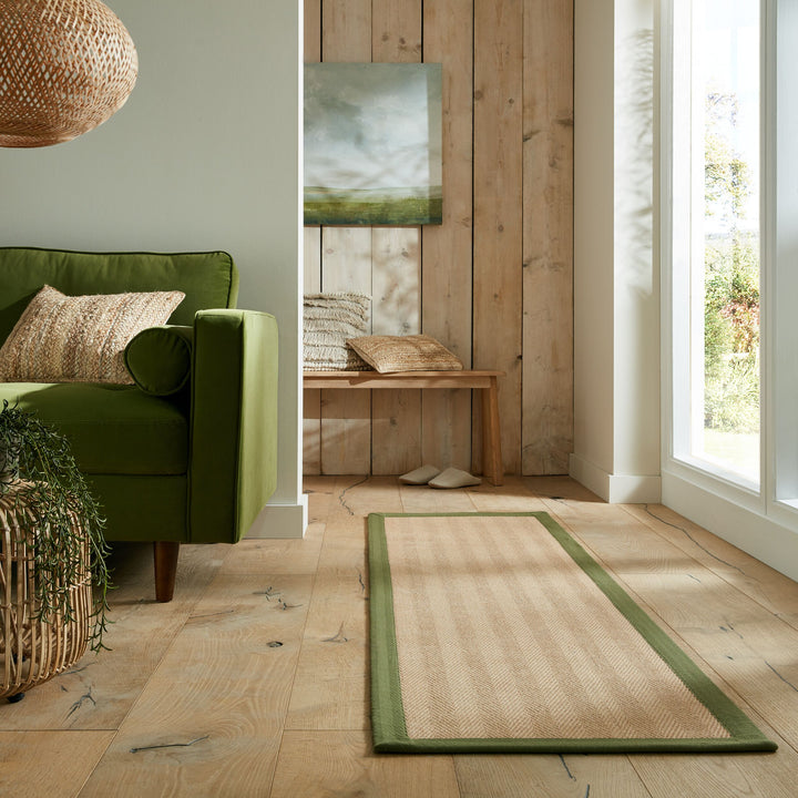 Jute-Teppich Fischgrätenmuster Bordüre rutschfest Naturfaser_Braun-Grün_Läufer_
