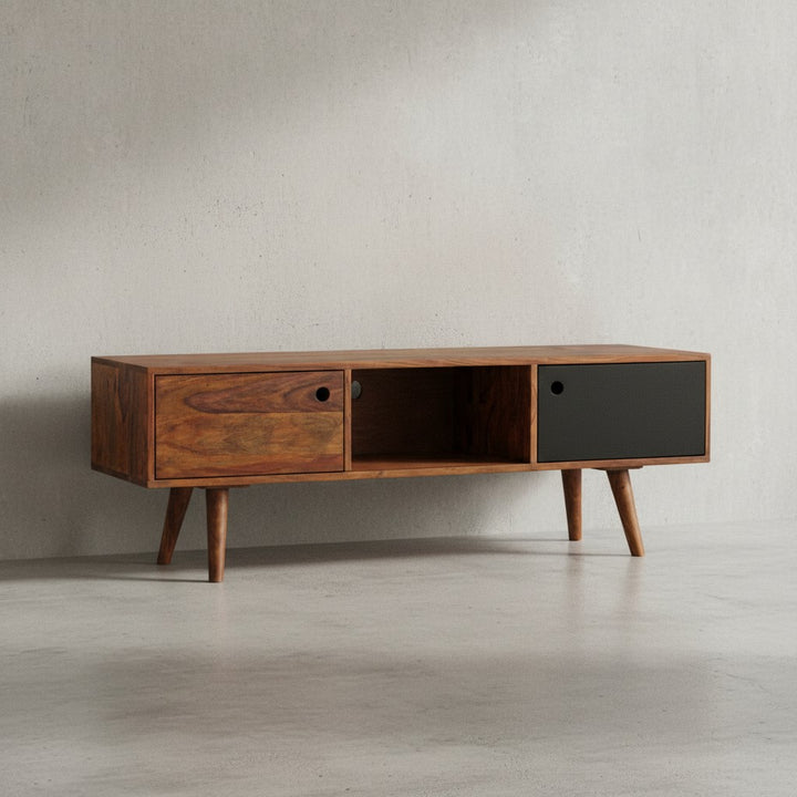 TV-Lowboard SAVIO_ Rustikale Landhaus-Optik_ Massivholz Sheesham_ Viel Stauraum_ Einzigartige Maserung - KADIMA DESIGN_Farbe_ Schwarz_ Größe_ 140x35x45 cm_