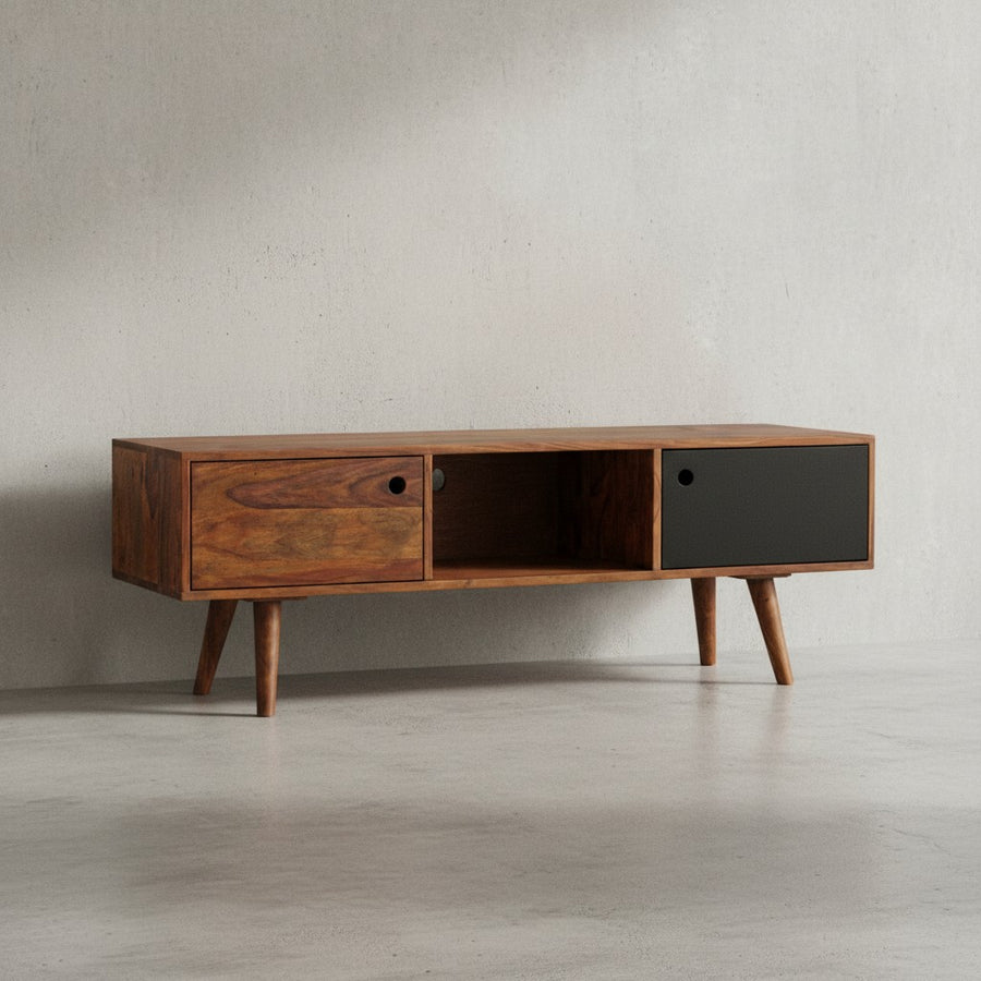 TV-Lowboard SAVIO_ Rustikale Landhaus-Optik_ Massivholz Sheesham_ Viel Stauraum_ Einzigartige Maserung - KADIMA DESIGN_Farbe_ Schwarz_ Größe_ 140x35x45 cm_