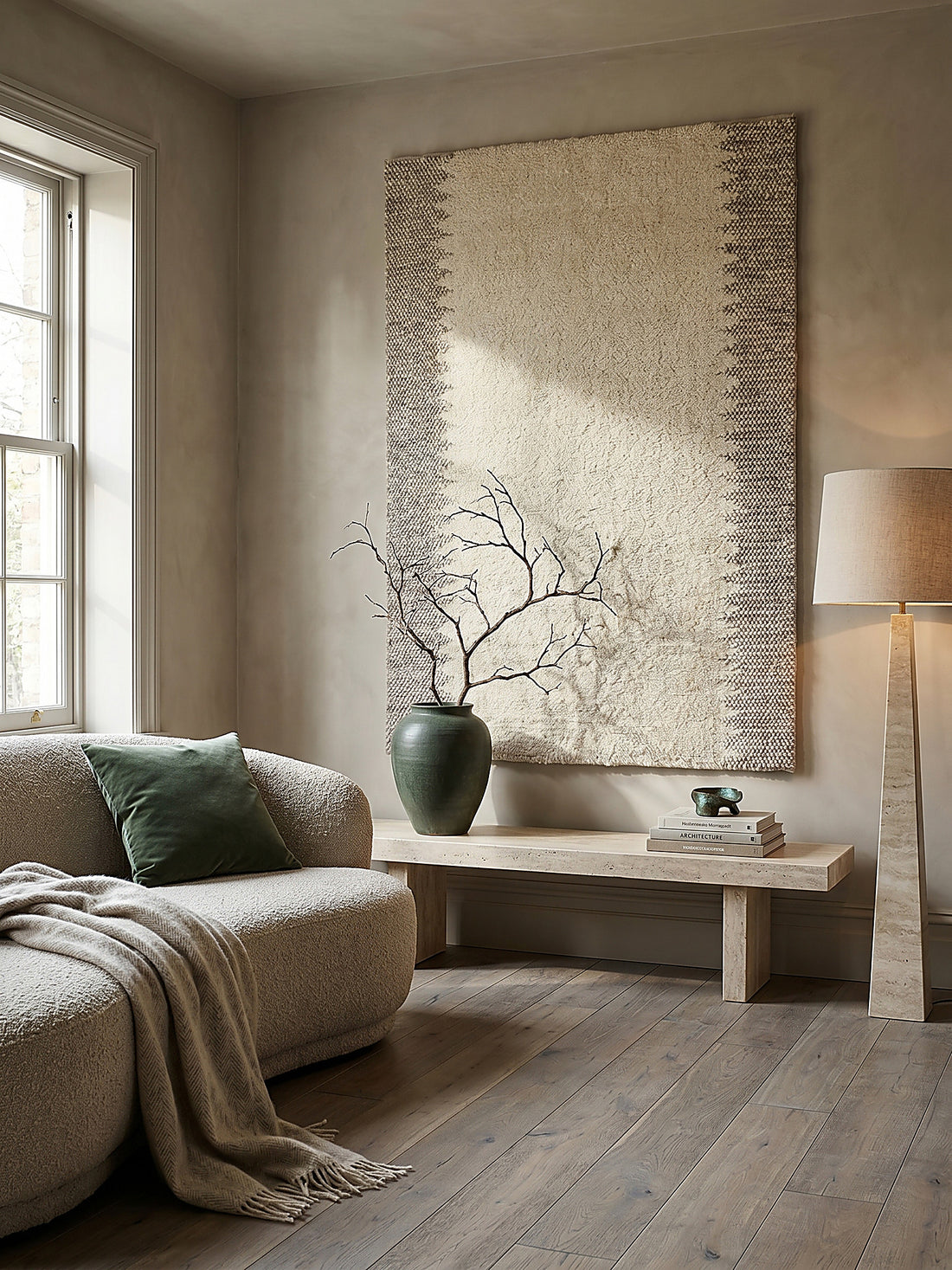 Teppich Beige rechteckig als Wandteppich Wanddekoration Textilkunst Interior Design