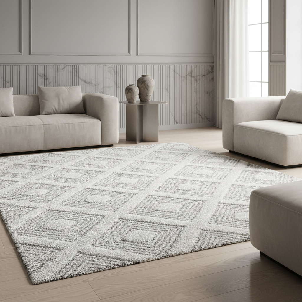 3D Hochflor-Teppich Rauten mit Punktstruktur – Waschbar | Hoch-Tief-Effekt