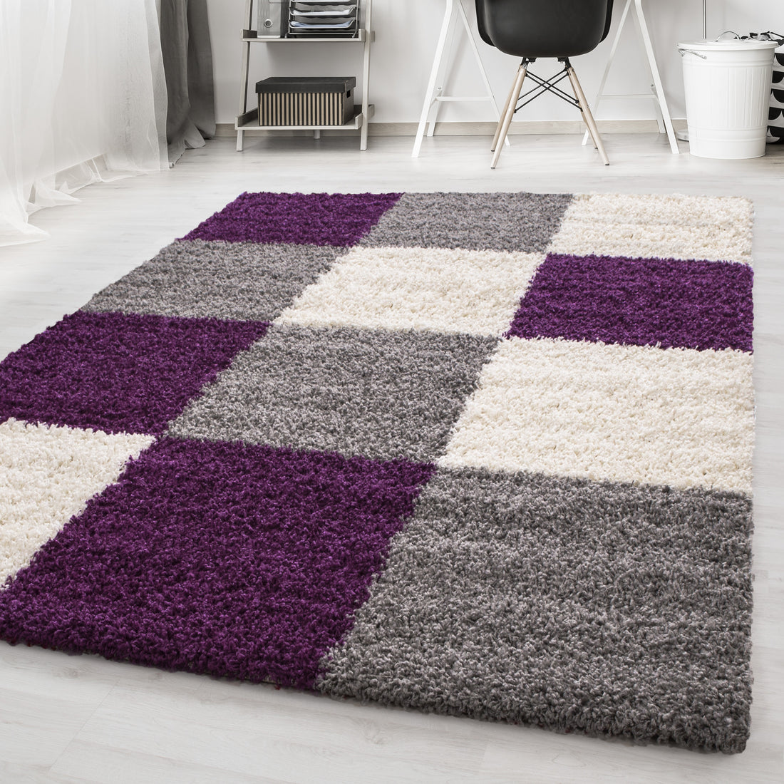 Teppich Hochflor Karo Polypropylen Wohnzimmer Shaggy Violett Läufer
