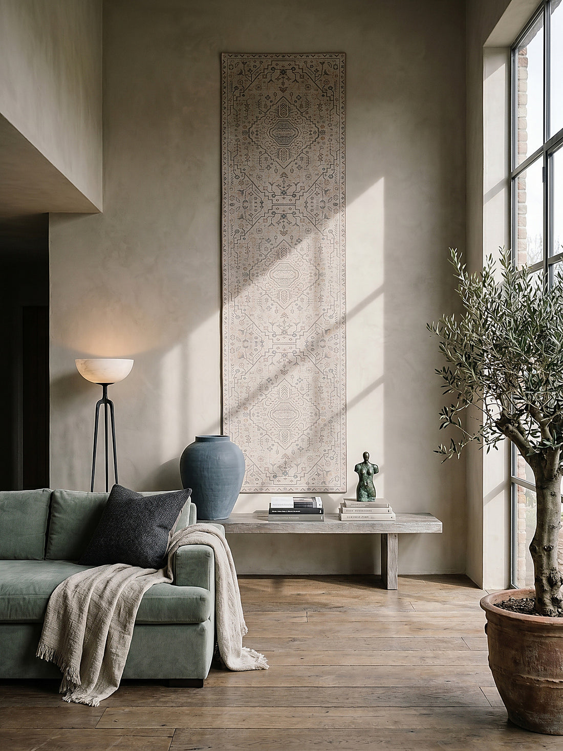 Teppich Beige Läufer als Wandteppich Wanddekoration Textilkunst Interior Design