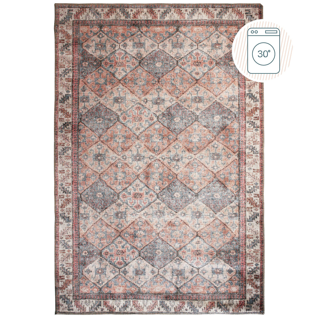 Teppich waschbar Rautenmuster Vintage Kurzflor Rot-Natur Rechteckig