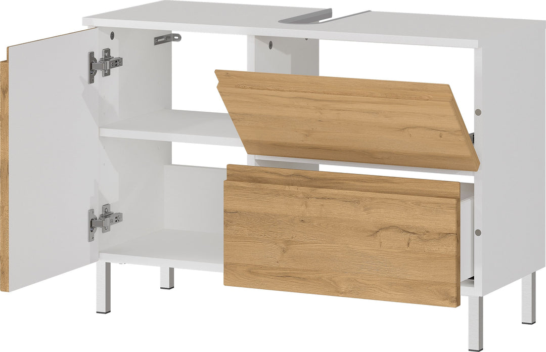 WB-Unterschrank VEER 80x34x56 in Weiß und Grandson-Eiche mit Chromfüßen_ mit Stauraum von Kadima Design_Größe_ 80x34x56 cm_