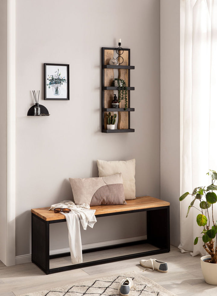 Wandregal 30x80x10 cm Mango Massivholz / Metall Hängeregal Industrial - Design Schweberegal Rechteckig - Regal Hängend Wohnzimmer - Holzregal Wand mit 4 Ablagen & Wellenmuster_