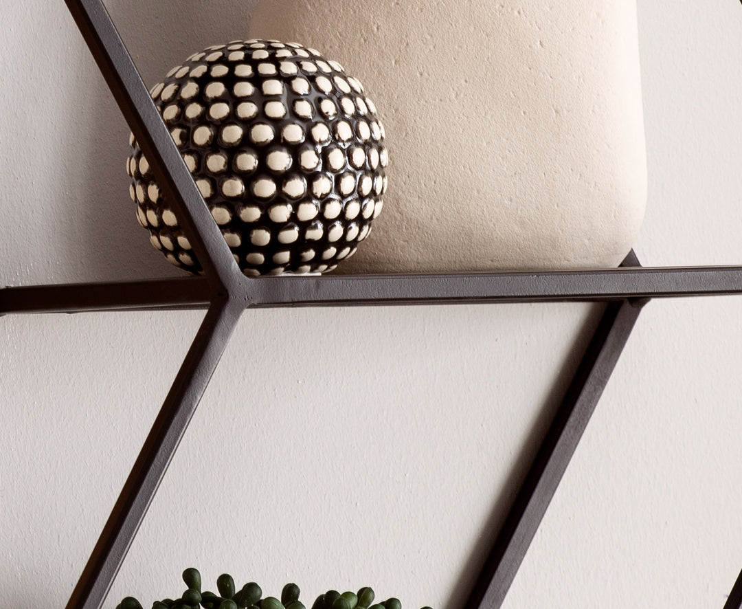 Wandregal 60x52x20 cm Mango Massivholz / Metall Hängeregal Industrial - Design Schweberegal Sechseckig - Dekoregal Hängend Wabenform - Regal Wand mit 3 Ablagen_