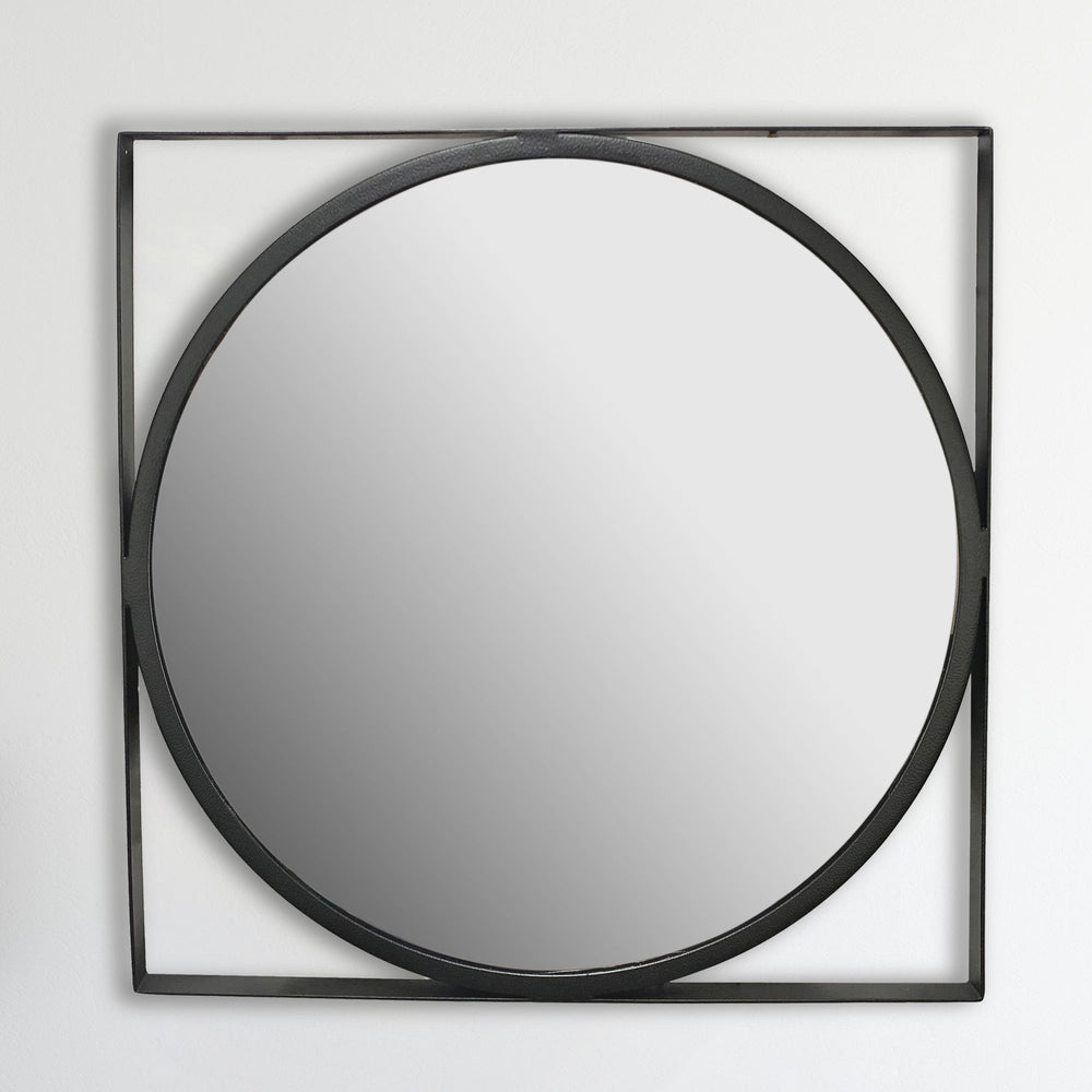 Wandspiegel 54x54 cm Metall Design Hängespiegel Schwarz - Eisen Dekospiegel Rund mit quadratischem Rahmen - Spiegel Wand Klein - Flurspiegel Garderobenspiegel Modern_