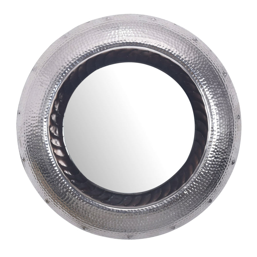 Wandspiegel 74 cm Metall Design Hängespiegel Silber - Aluminium Dekospiegel Rund mit Rahmen Hammerschlag - Spiegel Wand Groß - Flurspiegel Garderobenspiegel Modern_