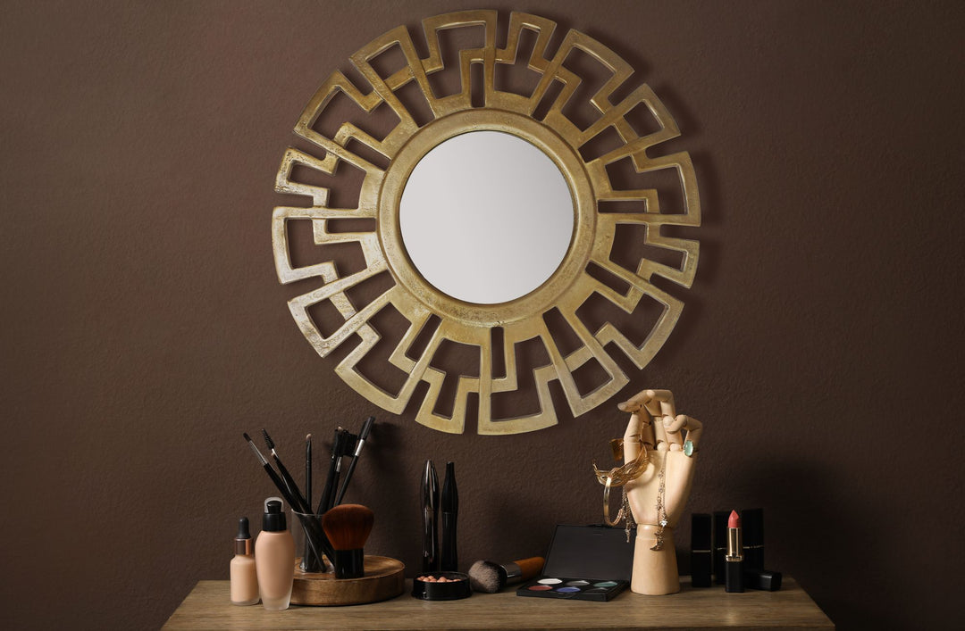 Wandspiegel Art déco 60 cm Metall Design Hängespiegel Gold - Aluminium Dekospiegel Rund mit Rahmen - Spiegel Wand Groß - Flurspiegel Garderobenspiegel Modern_