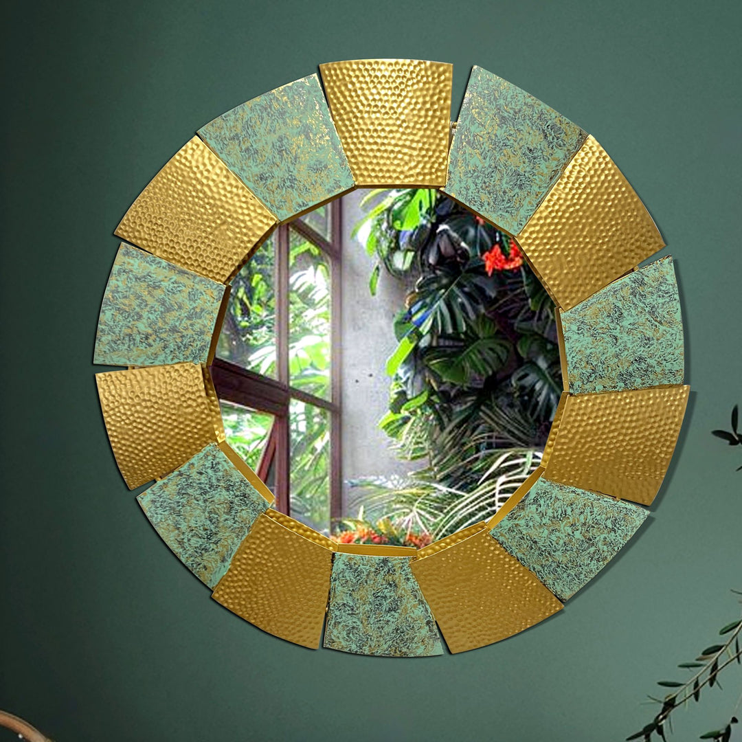 Wandspiegel Modern 63 cm Metall Design Hängespiegel Burnt Gold - Eisen Dekospiegel Rund Ausgefallen - Hammerschlag Spiegel Wand Groß - Flurspiegel Garderobenspiegel Modern_