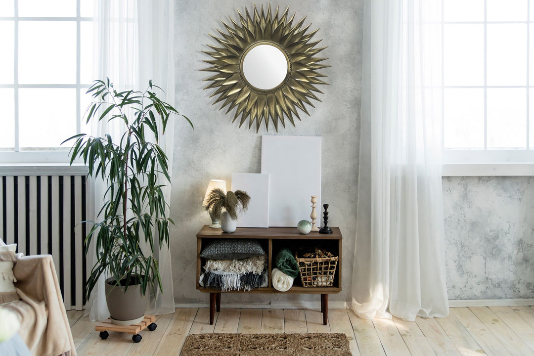 Wandspiegel Sonne 74 cm Metall Design Hängespiegel Messing Antik - Eisen Dekospiegel Rund - Spiegel Wand Groß - Flurspiegel Garderobenspiegel Modern_