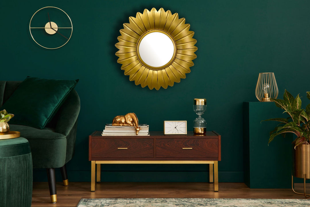 Wandspiegel Sonnenblume 60 cm Metall Design Hängespiegel Gold - Eisen Dekospiegel Blüte Rund - Spiegel Blume Wand Groß - Flurspiegel Garderobenspiegel Modern_