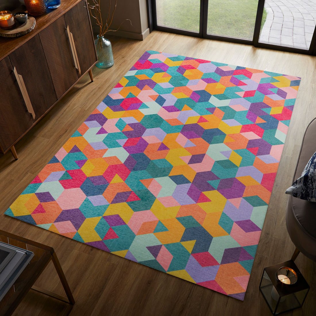 Teppich Würfel-Geometrie 3D Multicolor bunt im Wohnzimmer Wohnidee modern Rechteckig