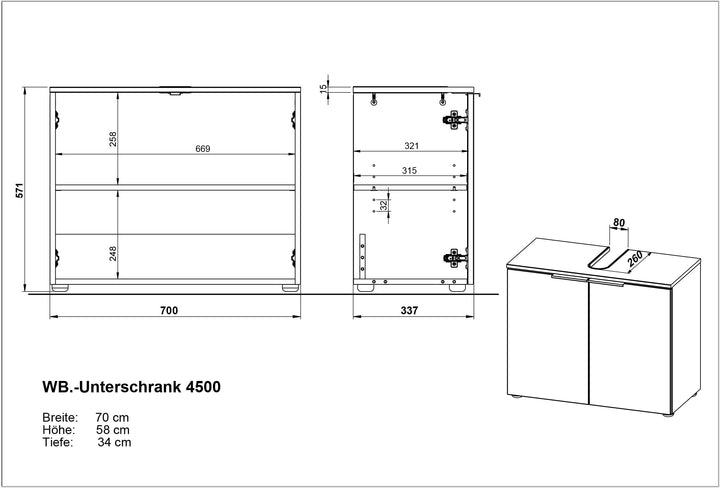 Waschbeckenunterschrank mit Siphonaussparung_ 70x34x58_ Weiß-Beige_ Made in Germany_ TAHO-Serie von Kadima Design_Größe_ 60x34x58 cm_