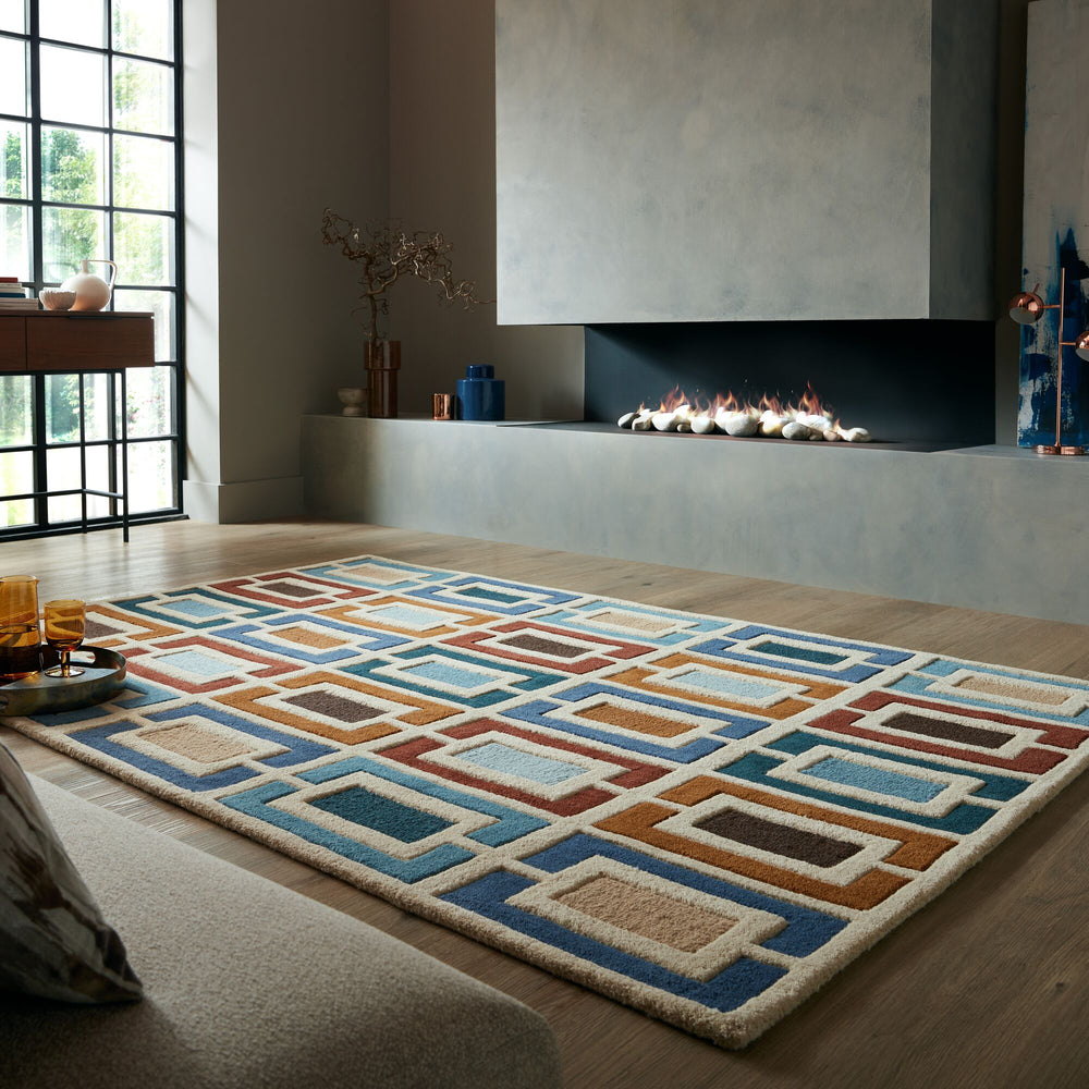 Wollteppich Geometrisch - Retro-Stil - Wohnzimmer_Multicolor-Blau_Rechteckig_