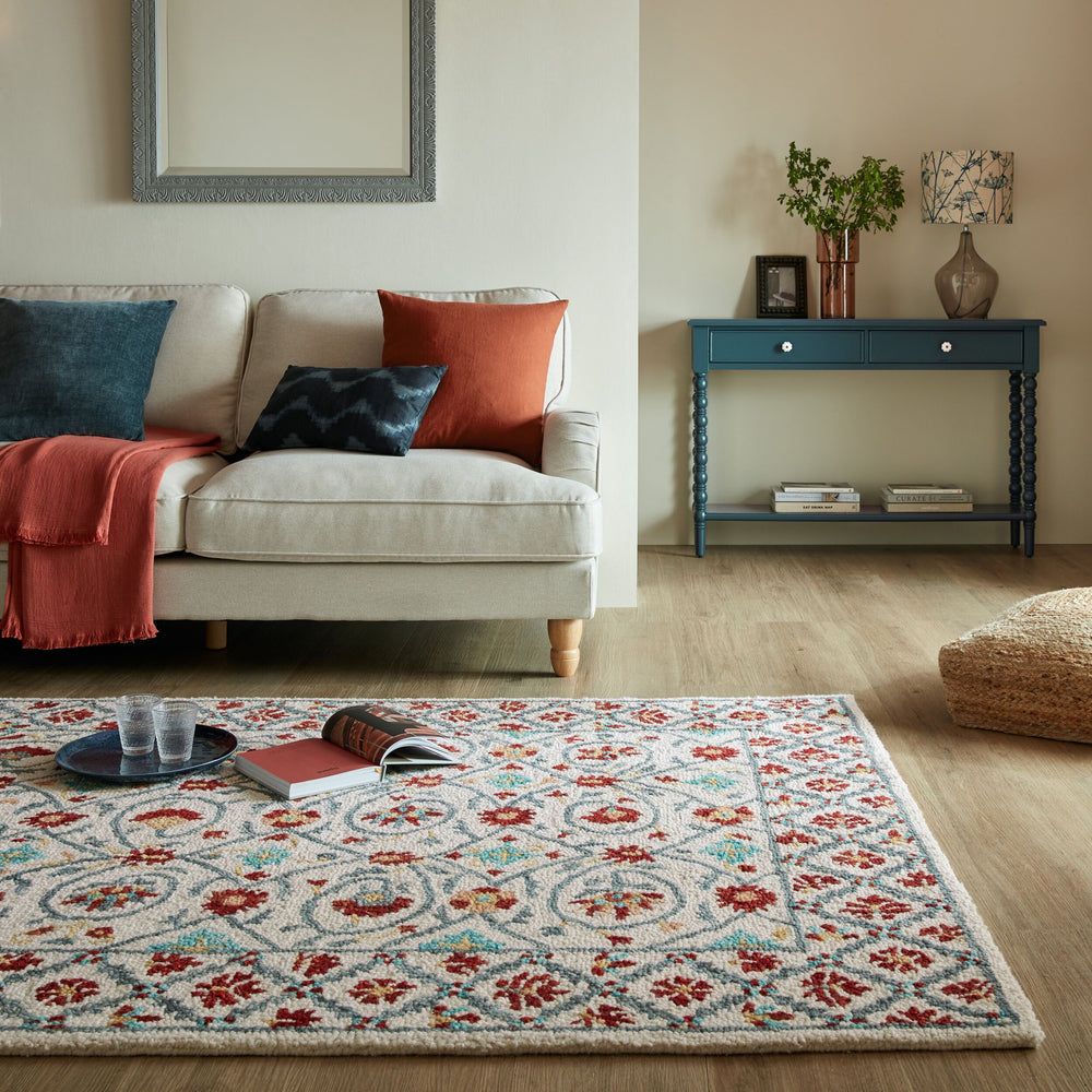 Wollteppich Orientmuster Floral Suzani - Wohnzimmer_Rot-Blau_Rechteckig_
