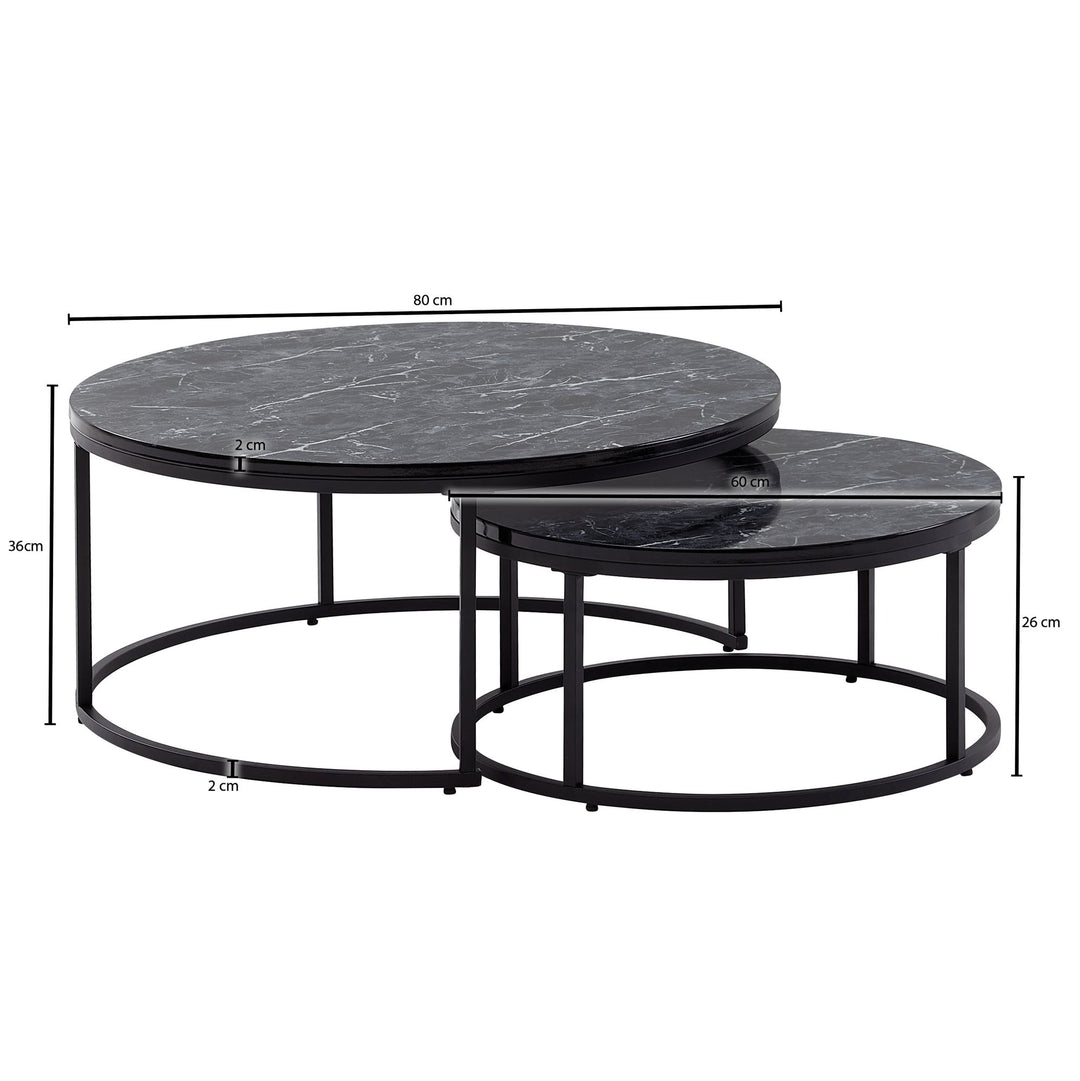Couchtisch-Set mit Marmor-Optik_ Eichenholz_ Metallgestell_ 80x80x36 cm & 60x60x26 cm_ ineinanderschiebbar - KADIMA DESIGN_Farbe_ Schwarz_ Größe_ 80x80x36 cm_