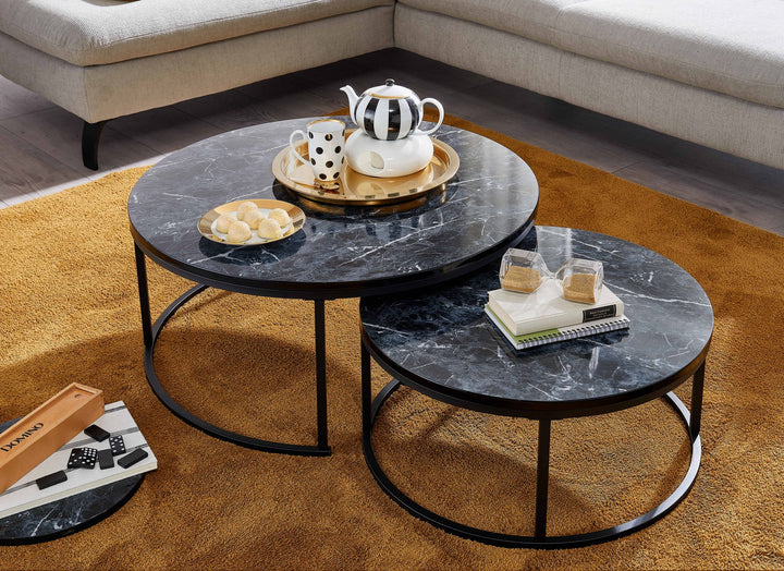 Couchtisch-Set mit Marmor-Optik_ Eichenholz_ Metallgestell_ 80x80x36 cm & 60x60x26 cm_ ineinanderschiebbar - KADIMA DESIGN_Farbe_ Schwarz_ Größe_ 80x80x36 cm_
