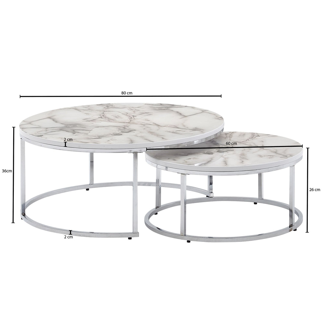 Couchtisch-Set mit Marmor-Optik_ Eichenholz_ Metallgestell_ 80x80x36 cm & 60x60x26 cm_ ineinanderschiebbar - KADIMA DESIGN_Farbe_ Silber_ Größe_ 80x80x36 cm_