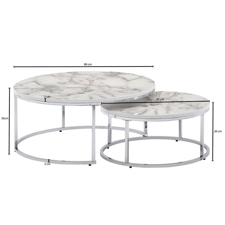 Couchtisch-Set mit Marmor-Optik_ Eichenholz_ Metallgestell_ 80x80x36 cm & 60x60x26 cm_ ineinanderschiebbar - KADIMA DESIGN_Farbe_ Silber_ Größe_ 80x80x36 cm_