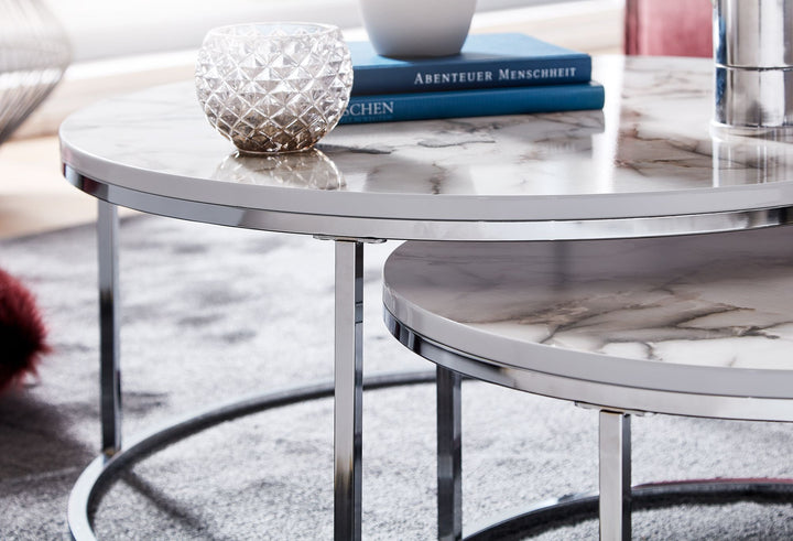 Couchtisch-Set mit Marmor-Optik_ Eichenholz_ Metallgestell_ 80x80x36 cm & 60x60x26 cm_ ineinanderschiebbar - KADIMA DESIGN_Farbe_ Silber_ Größe_ 80x80x36 cm_