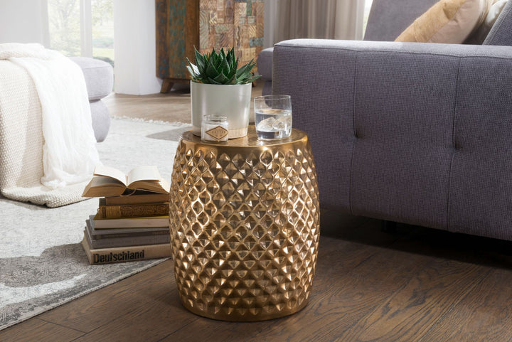 Orientalischer Beistelltisch ENNS_ Hammerschlag-Aluminium_ runde Form_ kratzfrei - KADIMA DESIGN_Farbe_ Gold_ Größe_ 32x32x42 cm_