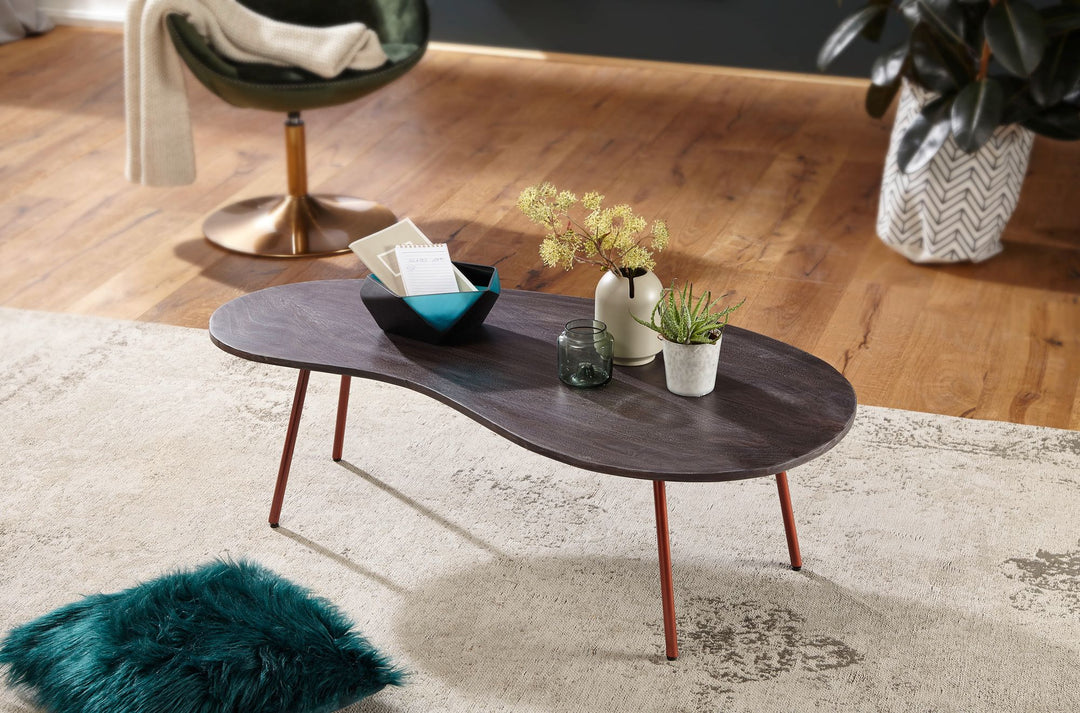 Retro-Couchtisch CALABRIA_ Massivholz_ Metallbeine_ Pflegeleichte Tischplatte_ Nierenform - KADIMA DESIGN_Farbe_ Beige_ Größe_ 122x63x36 cm_