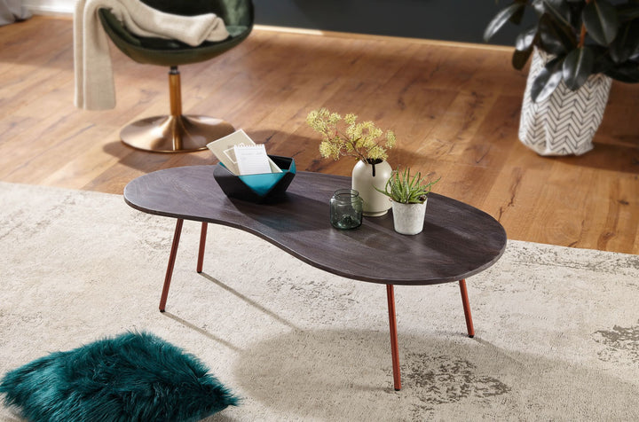 Retro-Couchtisch CALABRIA_ Massivholz_ Metallbeine_ Pflegeleichte Tischplatte_ Nierenform - KADIMA DESIGN_Farbe_ Beige_ Größe_ 122x63x36 cm_