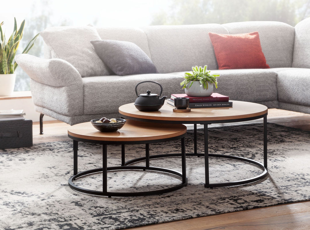 Couchtisch-Set mit Marmor-Optik_ Eichenholz_ Metallgestell_ 80x80x36 cm & 60x60x26 cm_ ineinanderschiebbar - KADIMA DESIGN_Farbe_ Beige_ Größe_ 80x80x36 cm_