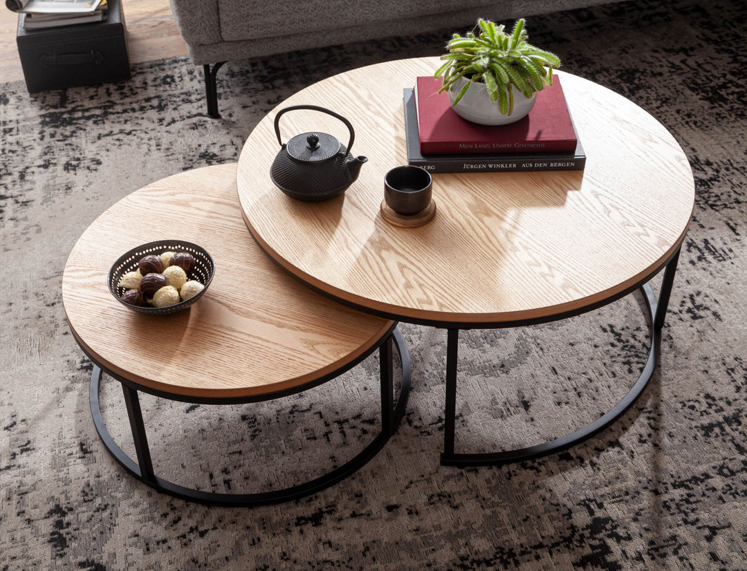 Couchtisch-Set mit Marmor-Optik_ Eichenholz_ Metallgestell_ 80x80x36 cm & 60x60x26 cm_ ineinanderschiebbar - KADIMA DESIGN_Farbe_ Beige_ Größe_ 80x80x36 cm_