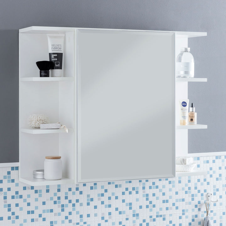 Moderner Hängeschrank mit Spiegel_ Weiß_ Wasserabweisend - Stauraum für Badezimmerutensilien - KADIMA DESIGN_Größe_ 80x20x65 cm_