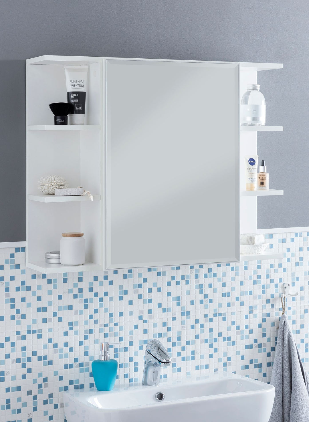 Moderner Hängeschrank mit Spiegel_ Weiß_ Wasserabweisend - Stauraum für Badezimmerutensilien - KADIMA DESIGN_Größe_ 80x20x65 cm_