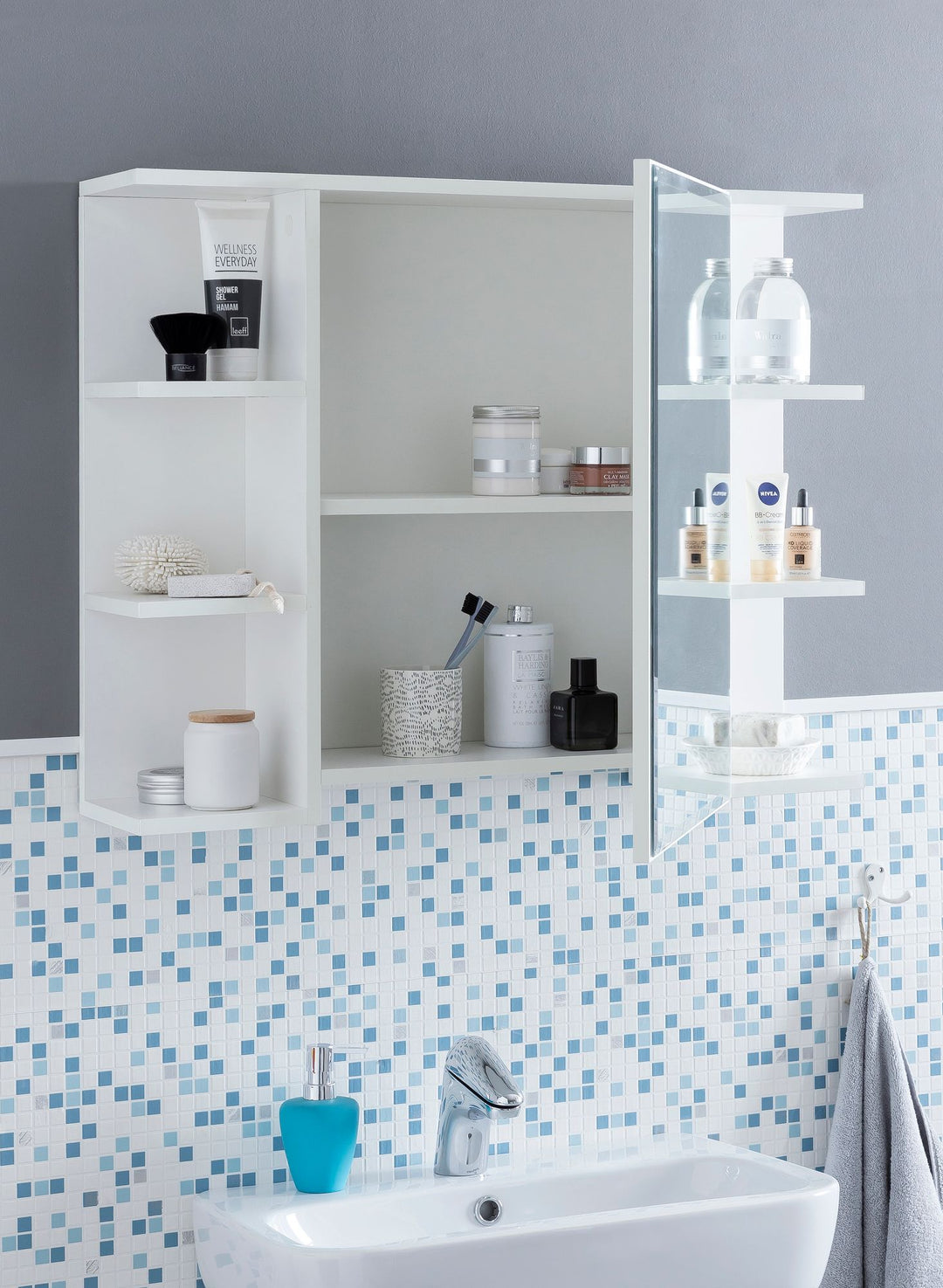 Moderner Hängeschrank mit Spiegel_ Weiß_ Wasserabweisend - Stauraum für Badezimmerutensilien - KADIMA DESIGN_Größe_ 80x20x65 cm_