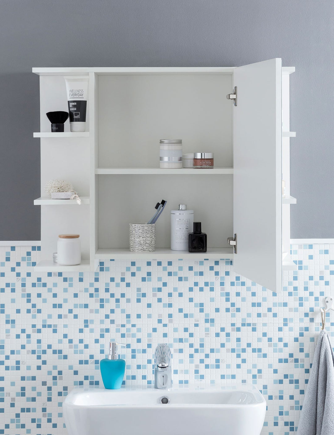Moderner Hängeschrank mit Spiegel_ Weiß_ Wasserabweisend - Stauraum für Badezimmerutensilien - KADIMA DESIGN_Größe_ 80x20x65 cm_
