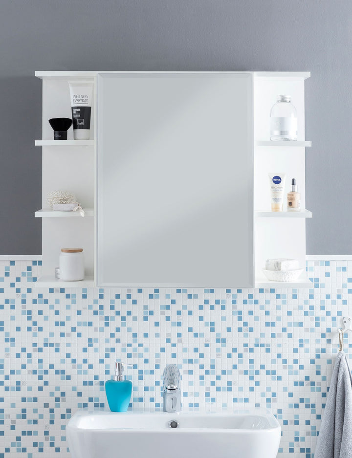 Moderner Hängeschrank mit Spiegel_ Weiß_ Wasserabweisend - Stauraum für Badezimmerutensilien - KADIMA DESIGN_Größe_ 80x20x65 cm_