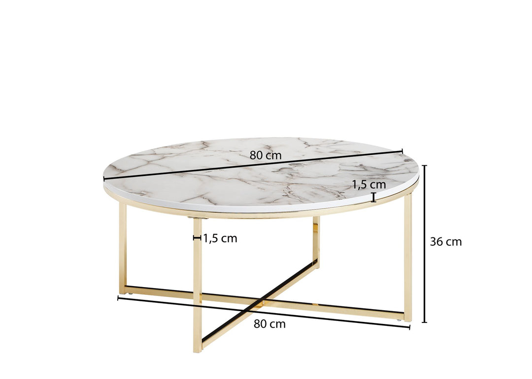 Stylischer Runder Sofatisch_ Marmor-Optik_ Goldfarbenes Gestell_ 80 cm - KADIMA DESIGN_Farbe_ Weiß_ Größe_ 80x80x35 cm_