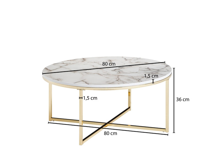 Stylischer Runder Sofatisch_ Marmor-Optik_ Goldfarbenes Gestell_ 80 cm - KADIMA DESIGN_Farbe_ Weiß_ Größe_ 80x80x35 cm_