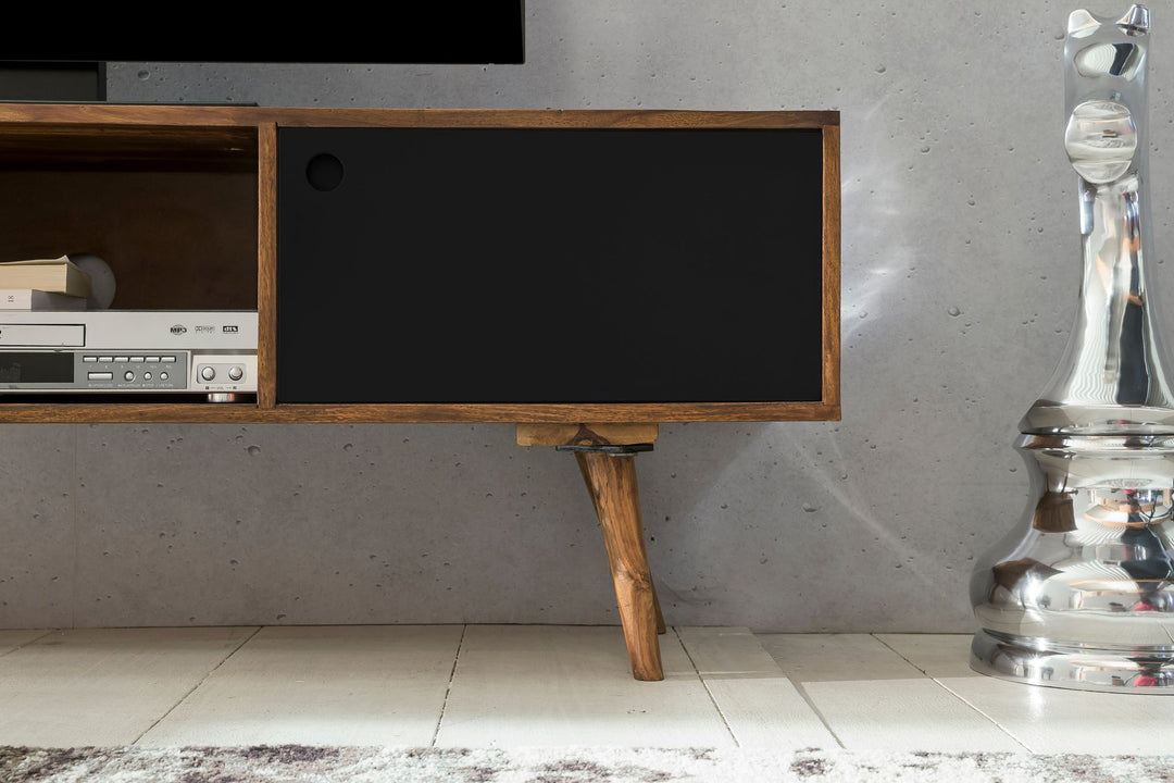 TV-Lowboard SAVIO_ Rustikale Landhaus-Optik_ Massivholz Sheesham_ Viel Stauraum_ Einzigartige Maserung - KADIMA DESIGN_Farbe_ Schwarz_ Größe_ 140x35x45 cm_