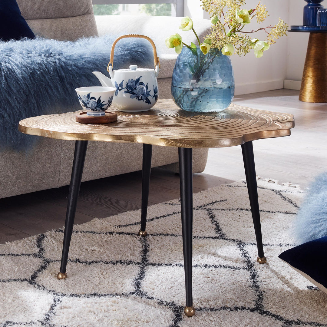 Moderner Couchtisch - Schwarz/Gold_ Baumscheiben-Look aus Aluminium - KADIMA DESIGN_Größe_ 64x64x37 cm_