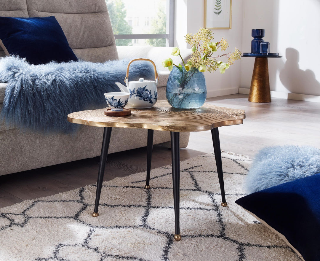 Moderner Couchtisch - Schwarz/Gold_ Baumscheiben-Look aus Aluminium - KADIMA DESIGN_Größe_ 64x64x37 cm_