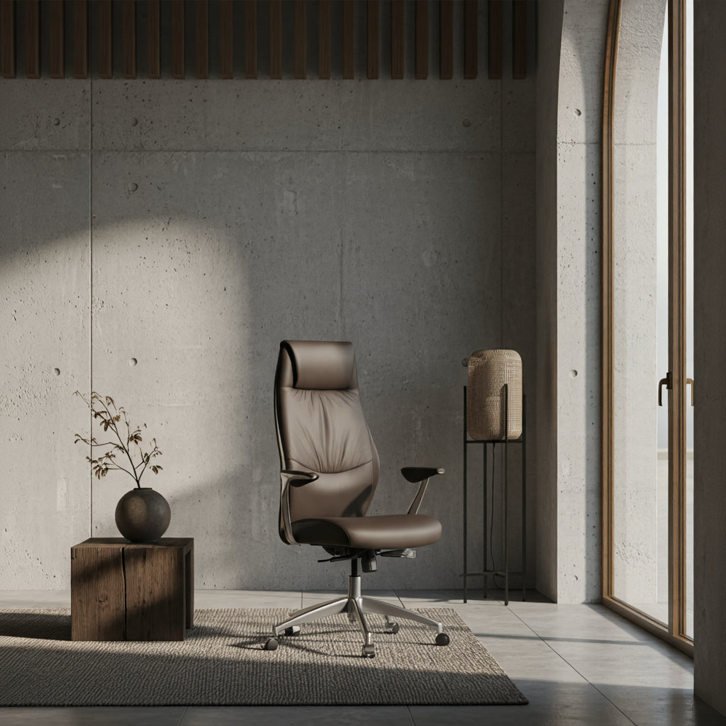 Design-Sessel in Samt Blau mit goldfarbenem Fuß vor Panoramafenster – stilvoller Akzentstuhl von Kadima Design für moderne Wohnräume